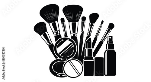 Set of black makeup brushes and cosmetics vector