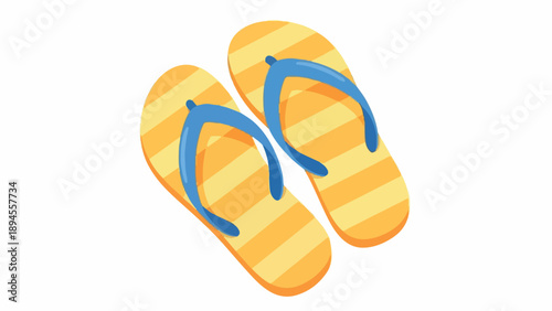 A pair of yellow striped flip flops with blue straps on a white background.