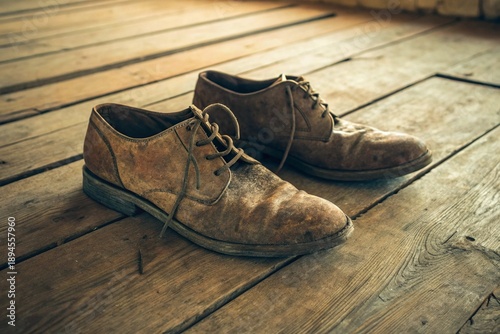 Old leather heels with visible stitching, warm brown patina, tactile close-up shot