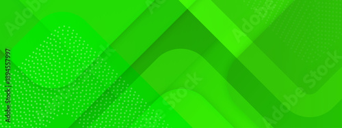Vibrant green abstract background with diagonal geometric overlays and halftone dot pattern textures