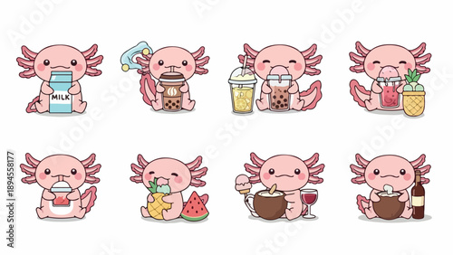 Eight cartoon axolotls enjoying various drinks on a clean white background with a playful mood.