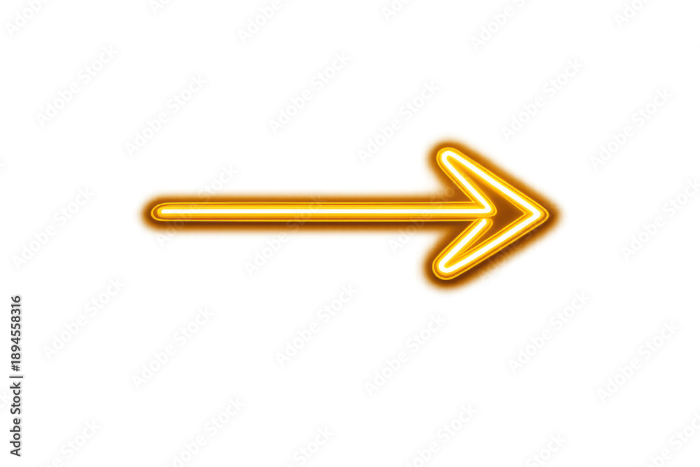 Obraz premium Glowing neon arrow pointing right, indicating direction, sign, next, or advance on transparent background