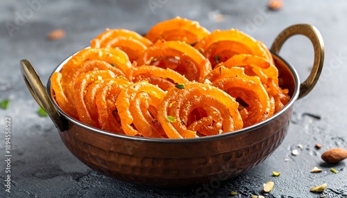 A copper bowl filled with spiral-shaped orange sweets on a dark surface