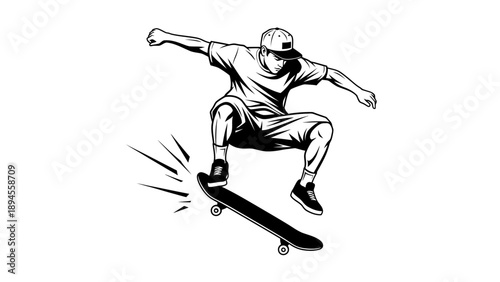 A skateboarder performs a trick on a skateboard with motion lines against a white background in a black and white illustration.