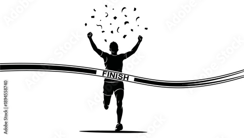 Silhouette of a triumphant runner crossing the finish line with arms raised in victory against a clean white background.