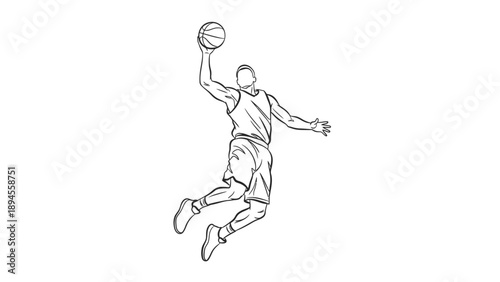 A male basketball player in mid-air, jumping to dunk a ball with dynamic movement and athletic action on a clean white background.