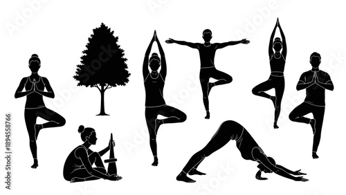 Black silhouettes of seven people practicing various yoga poses on a white background with a tree silhouette.