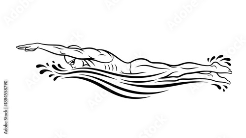 A male swimmer in a streamlined position with arms extended and legs together, creating splashes in the water, depicted in a simple black line drawing on a white background.
