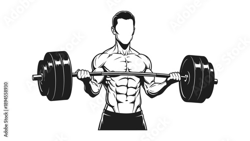 Illustration of a muscular man lifting a heavy barbell with large weights on both sides in a graphic style against a white background.