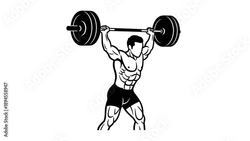A muscular man lifting a heavy barbell overhead in a dynamic pose against a clean white background.