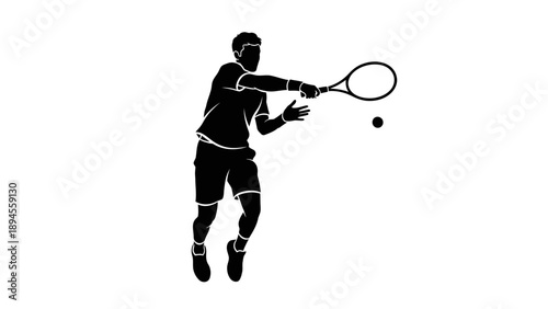 Black silhouette of a male tennis player hitting a ball with a racket against a white background.
