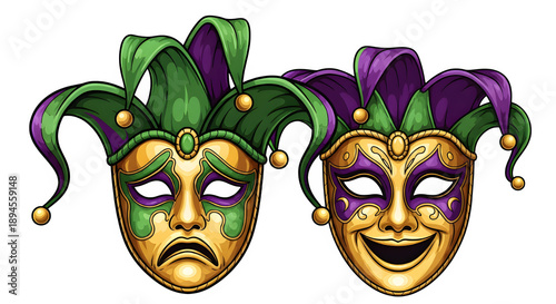 Two mardi gras jester masks isolated on transparent background