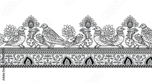 Intricate black and white illustration of peacocks and floral patterns on a decorative border against a plain white background.
