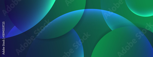 Abstract design featuring translucent green and blue circular spheres with glowing edges and depth
