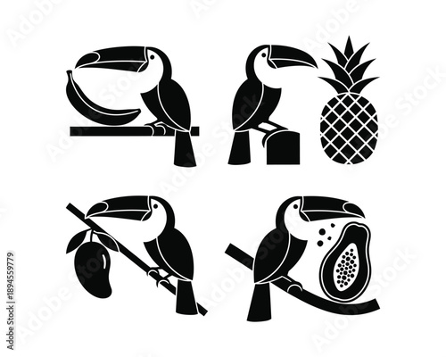 Printtoucan eating fruit, toucan eating Banana, Pineapple, Mango, Papaya, toucan Standing beside fruit, vector silhouette design, toucan eating fruit silhouette, toucan with banana silhouette, toucan 