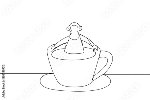 Continuous line drawing of chimpanzee shows cute animal soaking in coffee cup for nature concept. Unique design features primate for an international monkey day theme in art and kids coloring book