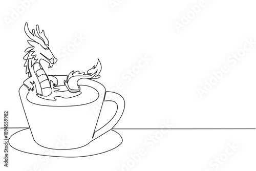 Single line drawing of cute dragon animal soaking in a coffee cup for a nature concept. Unique design features Chinese mythical beast for an international cafe day theme in minimalist style