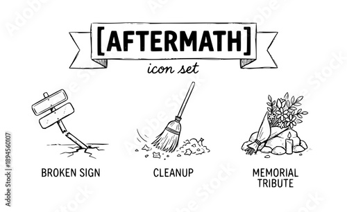 Aftermath of Unrest Icon Set - Broken Sign and Cleanup Vector Silhouettes