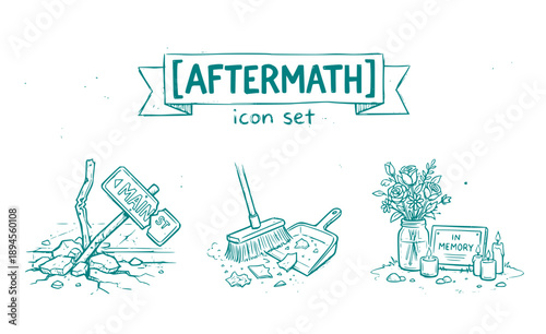 Aftermath of Unrest Icon Set - Broken Sign and Cleanup Vector Silhouettes