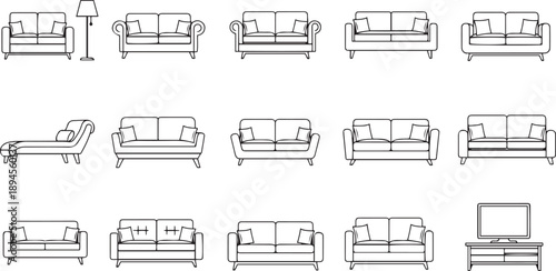 Sofa and armchair furniture set, modern living room seating, minimalist couch outline, interior home decor icons, cad drawing flat vector illustration