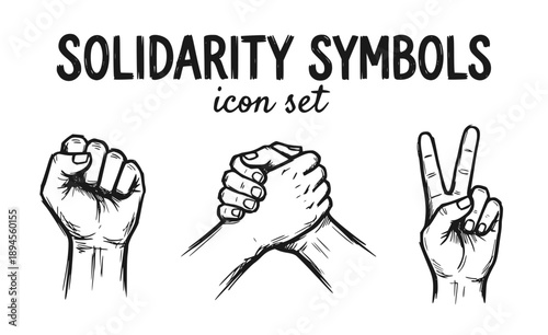 Protest Symbols of Solidarity Icon Set - Raised Fist and Peace Sign Vector Silhouettes