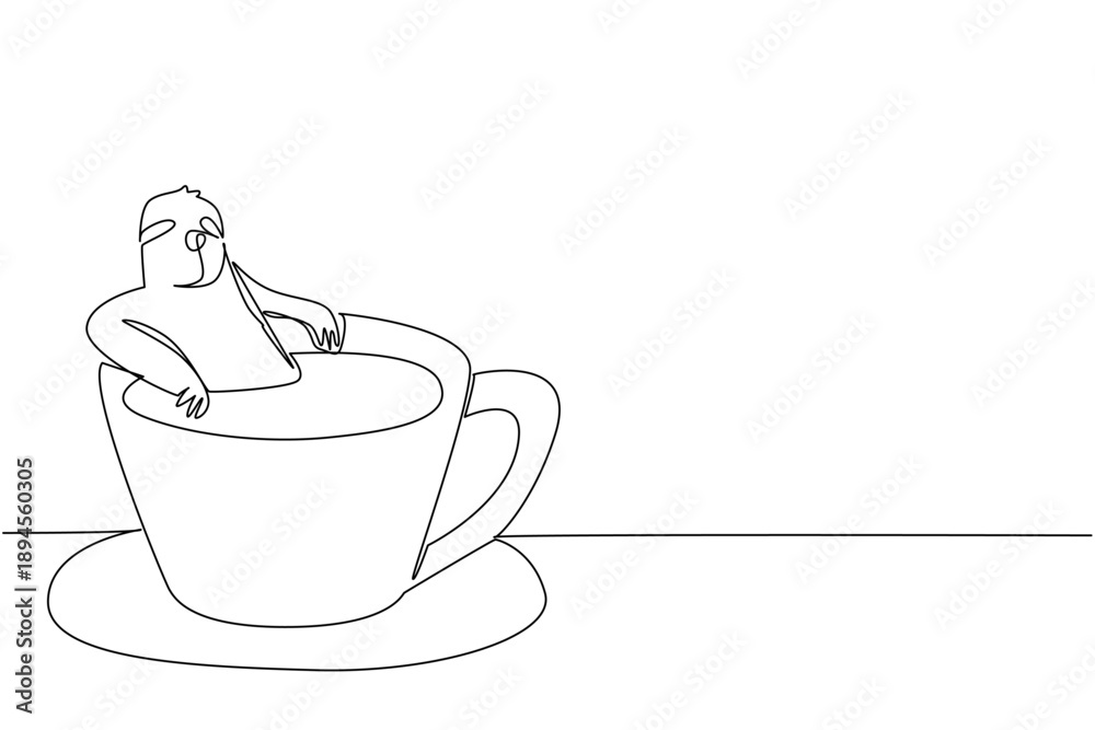 Fototapeta premium Single line drawing of adored sloth for nature concept shows cute animal soaking in warm coffee cup. Simple sketch fits an international coffee day theme with the favorite slow wild forest mammal