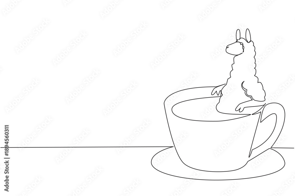 Fototapeta premium Single line drawing of fluffy cute alpaca features the wild animal soaking in warm coffee cup for nature concept. Minimalist design represents international coffee day theme for children events decor
