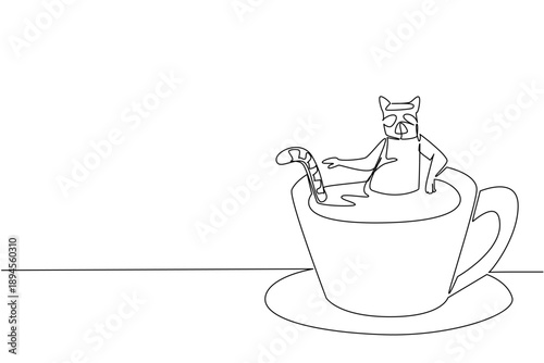 Continuous line drawing of playful lemur shows cute animal soaking in hot coffee cup for nature safari concept. Unique design features the charming primate for an international monkey day theme in art