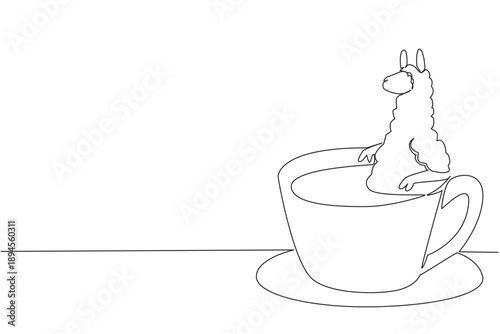 Single line drawing of fluffy cute alpaca features the wild animal soaking in warm coffee cup for nature concept. Minimalist design represents international coffee day theme for children events decor