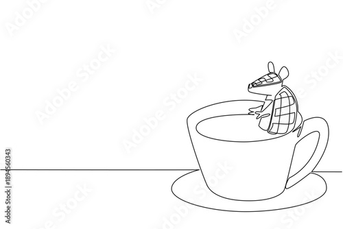 Continuous line drawing charming armadillo shows cute ground animal soaking in coffee cup for nature concept. Unique design features the playful armored creature for an international coffee day theme