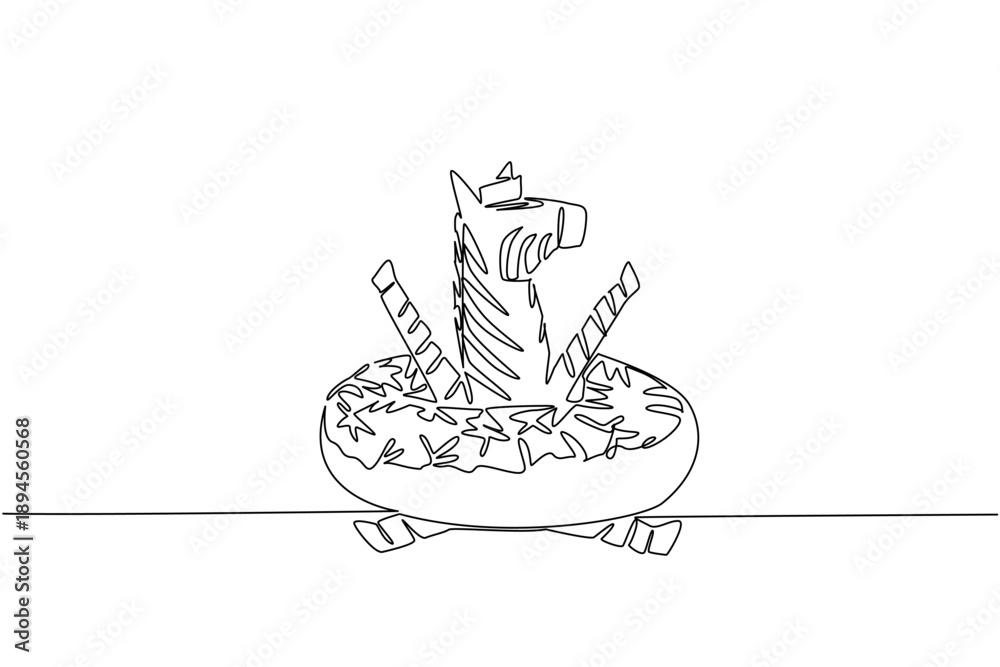 Fototapeta premium Single line drawing of zebra shows cute safari animal sitting inside sweet donut for pastry concept. Unique design features the striped Africa creature for international food day theme in minimalist