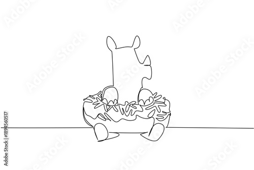 Single line drawing of mighty adored rhinoceros for pastry industry concept shows cute animal sitting inside sweet donut. Simple sketch fits international food day theme with strong wild horned mammal