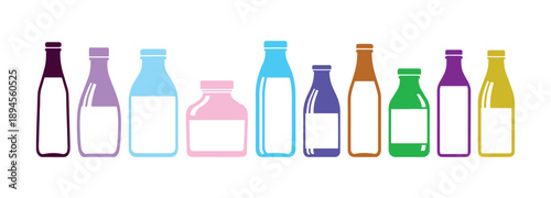 Group of flat-style glass bottles containing isolated milk. Vector illustration of milk in a flat design
