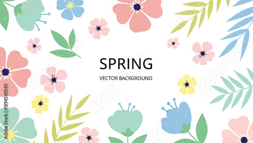 Vibrant spring flowers and leaves on white background