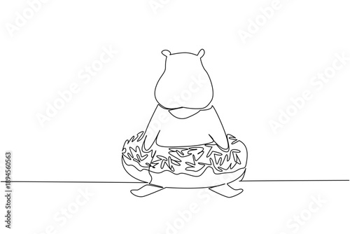 Single line drawing of adored big hippopotamus for fancy pastry concept shows cute animal sitting inside sweet donut. Simple sketch fits an international food day theme with the large river mammal