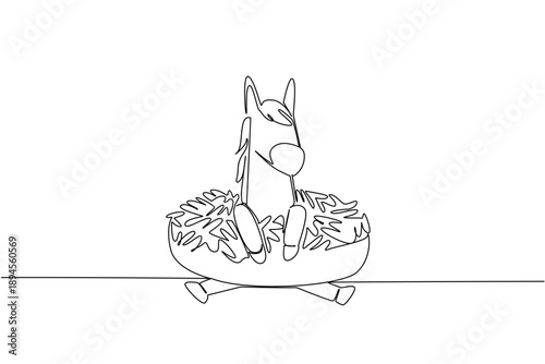 Continuous line drawing of strong horse shows cute animal sitting inside glazed donut for sweet pastry concept. Unique design features farm creature for an international food day theme in minimalist