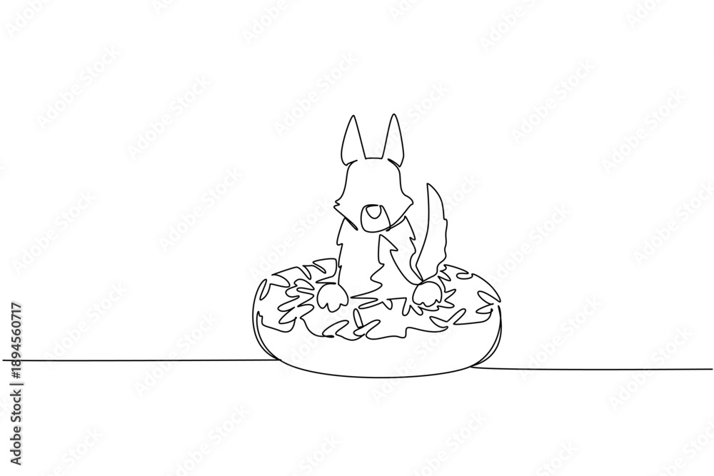 Fototapeta premium Single line drawing of playful wolf show cute animal sitting inside glazed donut for fancy pastry concept. Unique design feature wild forest canine for international food day theme in minimalist style