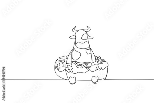 Single line drawing of cow shows playful cute animal sitting inside sweet donut for fancy pastry concept. Unique design features farm creature for an international food day theme in a minimalist style