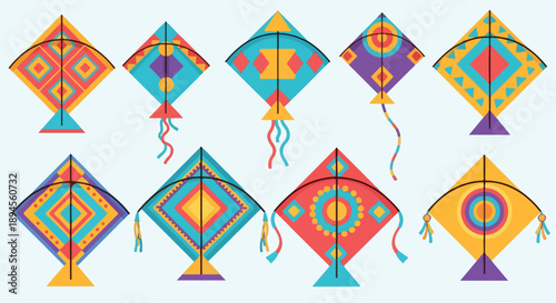 Collection of colorful kites with various designs on a light blue background, showcasing kite flying toys.