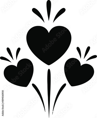 Three black hearts with stems on white background