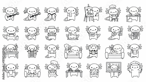 A flat lay of various cartoon characters in different poses and activities on a white background with a minimalist line art style and a neutral mood.