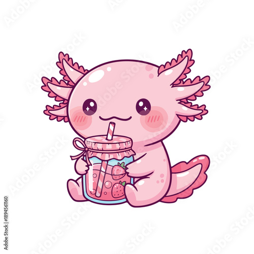 Cartoon axolotl holding a pink drink with a straw and smiling on a white background with pastel colors.