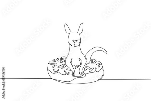 Cute kangaroo single line drawing features the wild animal sitting inside a donut for a food concept. The minimalist design represents a coloring page purpose for a kids event activity deco.