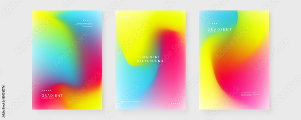 Obraz premium A vibrant collection of three posters with rainbow holographic fluid mesh gradients and bold colors