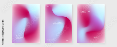Set of three minimalist posters featuring cool cyan and deep magenta fluid mesh gradients for tech branding
