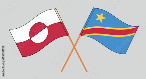 Crossed flags of Greenland and Democratic Republic of Congo on orange sticks against gray background.