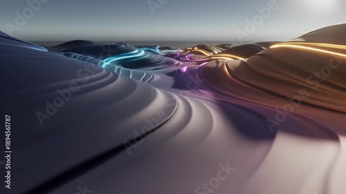 Abstract digital landscape with glowing neon lines and futuristic design.