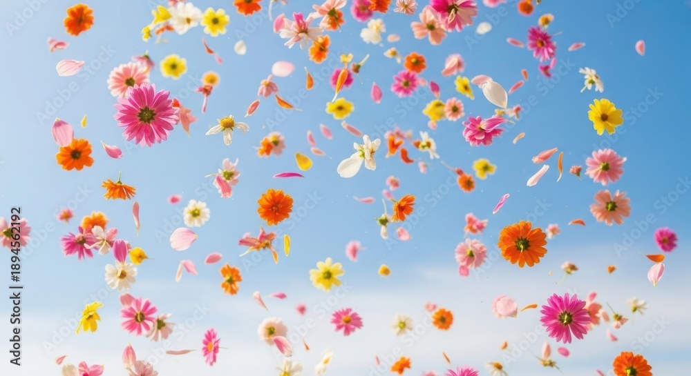 Fototapeta premium Colorful flowers and petals floating gently in the sky on a serene bright sunny day with clear blue atmosphere.