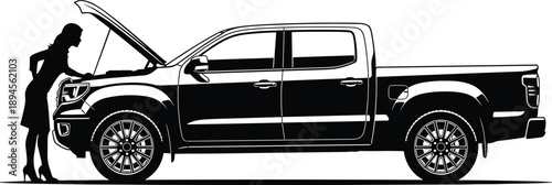 Pickup truck inspection silhouette illustration, woman checking engine under open hood, automotive maintenance and roadside assistance concept, black and white design