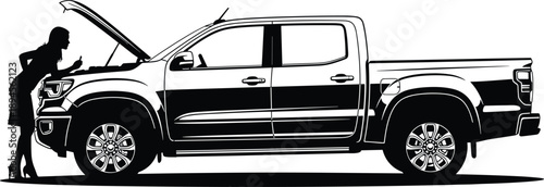 Pickup truck breakdown silhouette illustration, woman checking engine under open hood, roadside vehicle trouble concept, black and white graphic